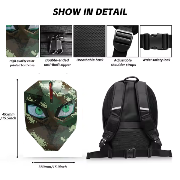 Smart LED Backpack – Hard Shell Bag with Glowing Eyes (ARMY GREEN)